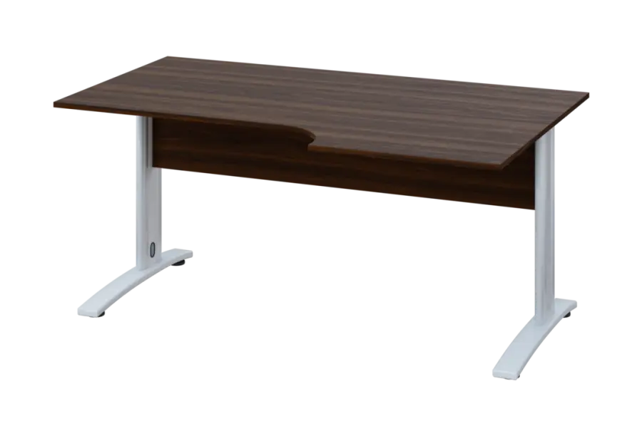 ERK 28 - 166 stůl kancelářský, rohový, pravý, kovová podnož bílá, deska 25 mm, široký 1600 mm, ořech královský